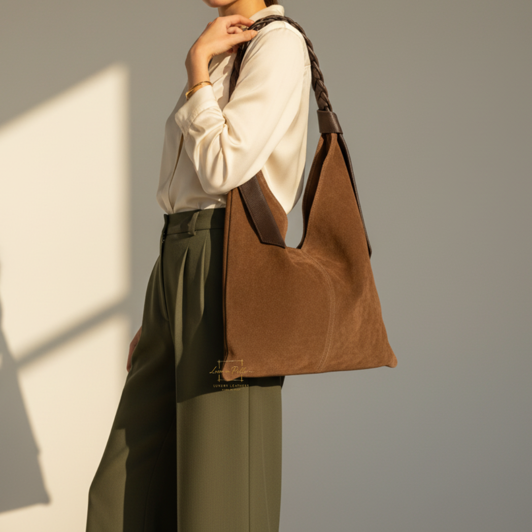 Suede Hobo Bag with Braided Leather Strap