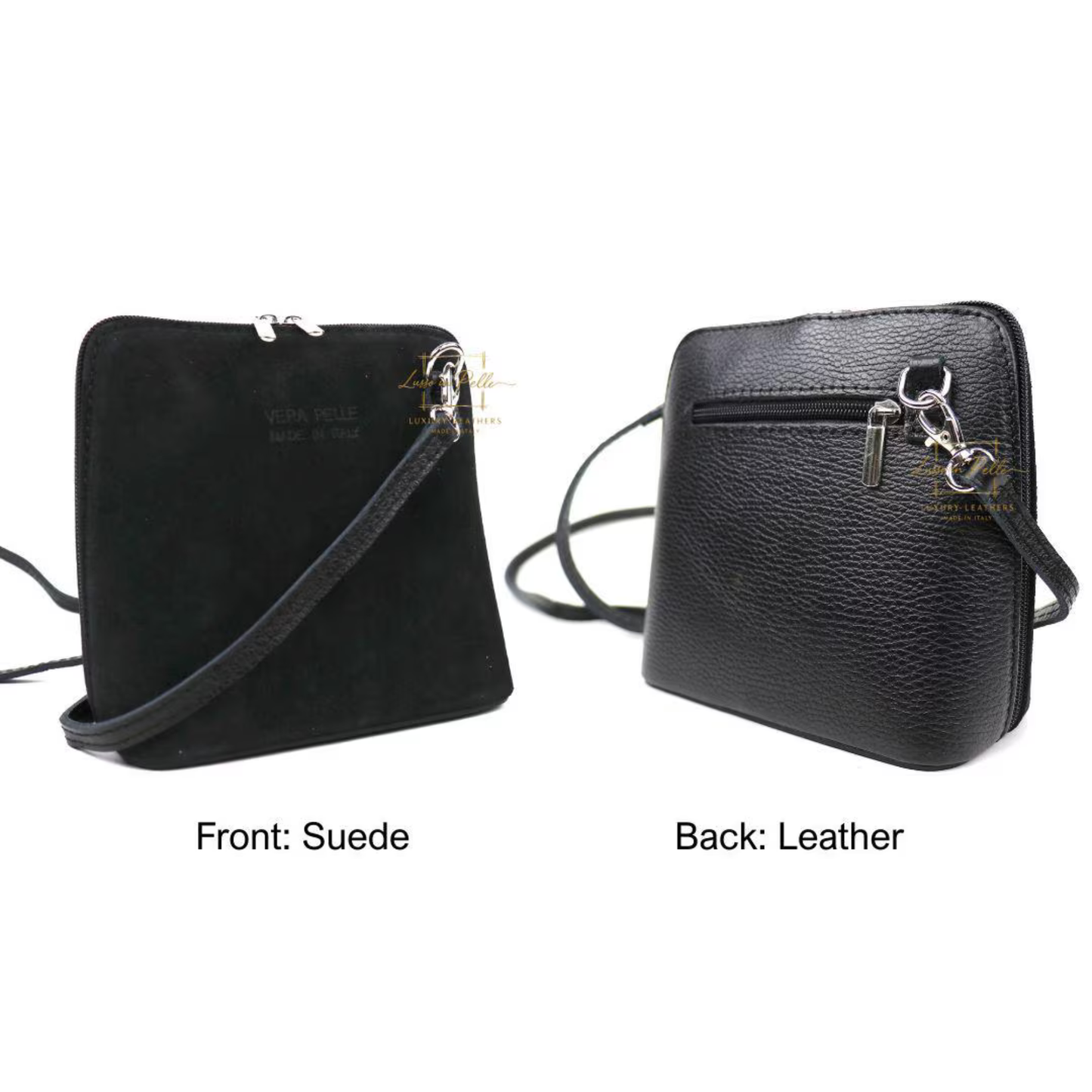 Small Suede Front Grain Leather Handbag with Detachable Straps