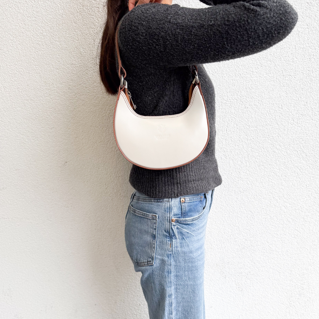 Small Shoulder Bag with Detachable Straps - Lussoinpelle White/Tan Shoulder Bag