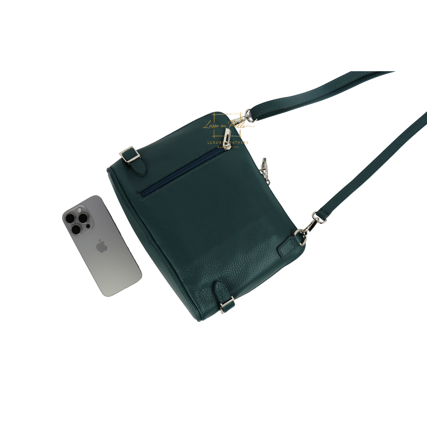 Grano Piazza - Rectangular Structured Italian Grain Leather Crossbody Bag with Adjustable Straps