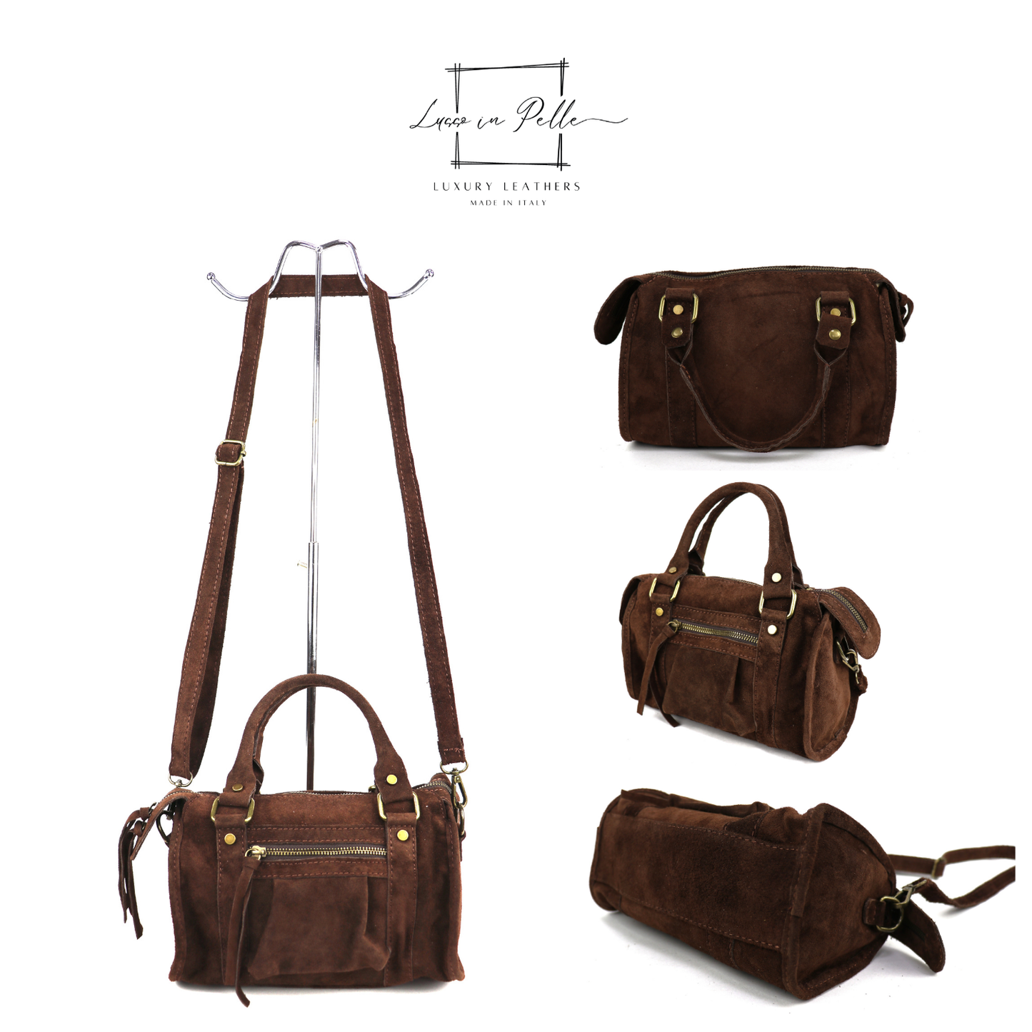 Small Suede Top Handle Crossbody Bag – Soft Genuine Leather Handbag with Detachable Strap