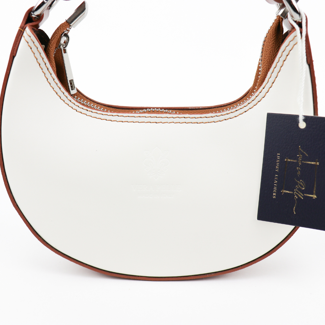 Small Shoulder Bag with Detachable Straps - Lussoinpelle White/Tan Shoulder Bag