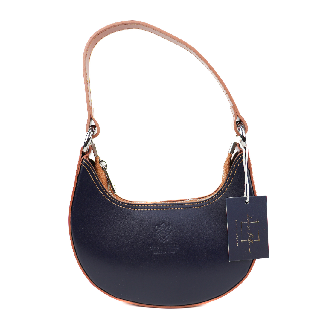 Small Shoulder Bag with Detachable Straps - Lussoinpelle Navy Tan Shoulder Bag