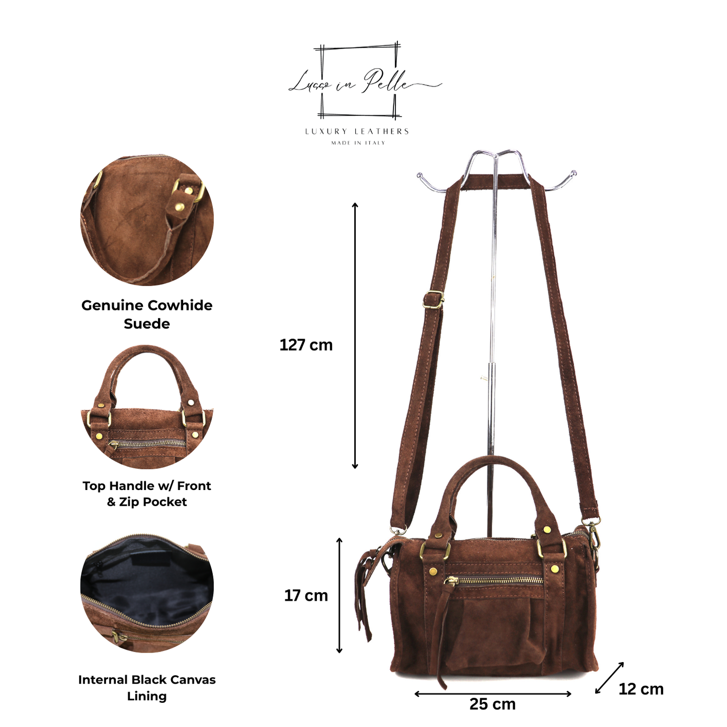Small Suede Top Handle Crossbody Bag – Soft Genuine Leather Handbag with Detachable Strap