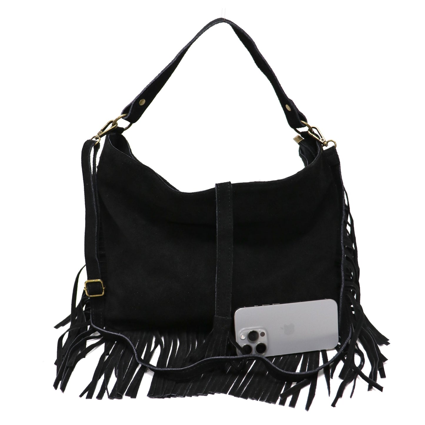 Large Suede Fringe Bag with Shoulder and Crossbody Straps: Handmade Genuine Italian Cowhide Suede Purse