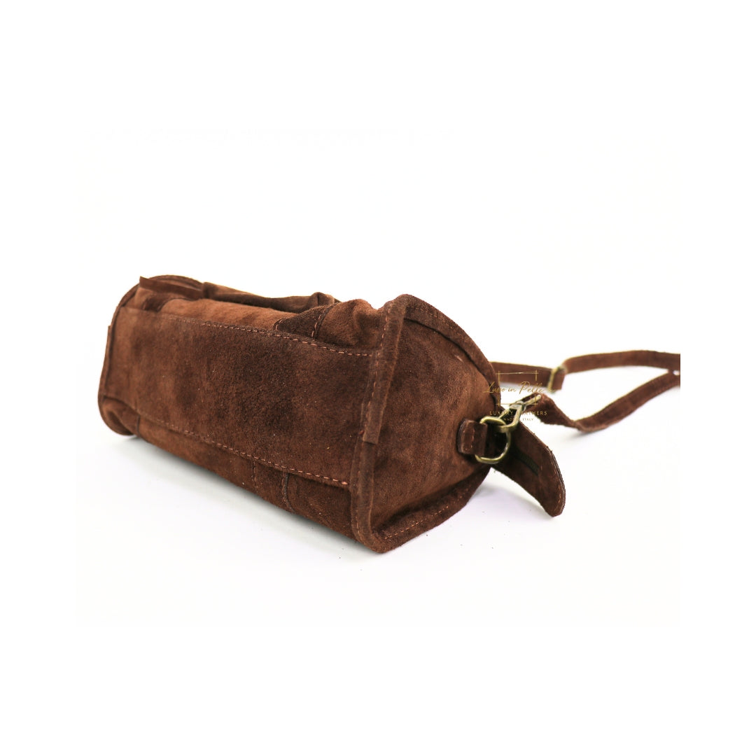 Small Suede Top Handle Crossbody Bag – Soft Genuine Leather Handbag with Detachable Strap