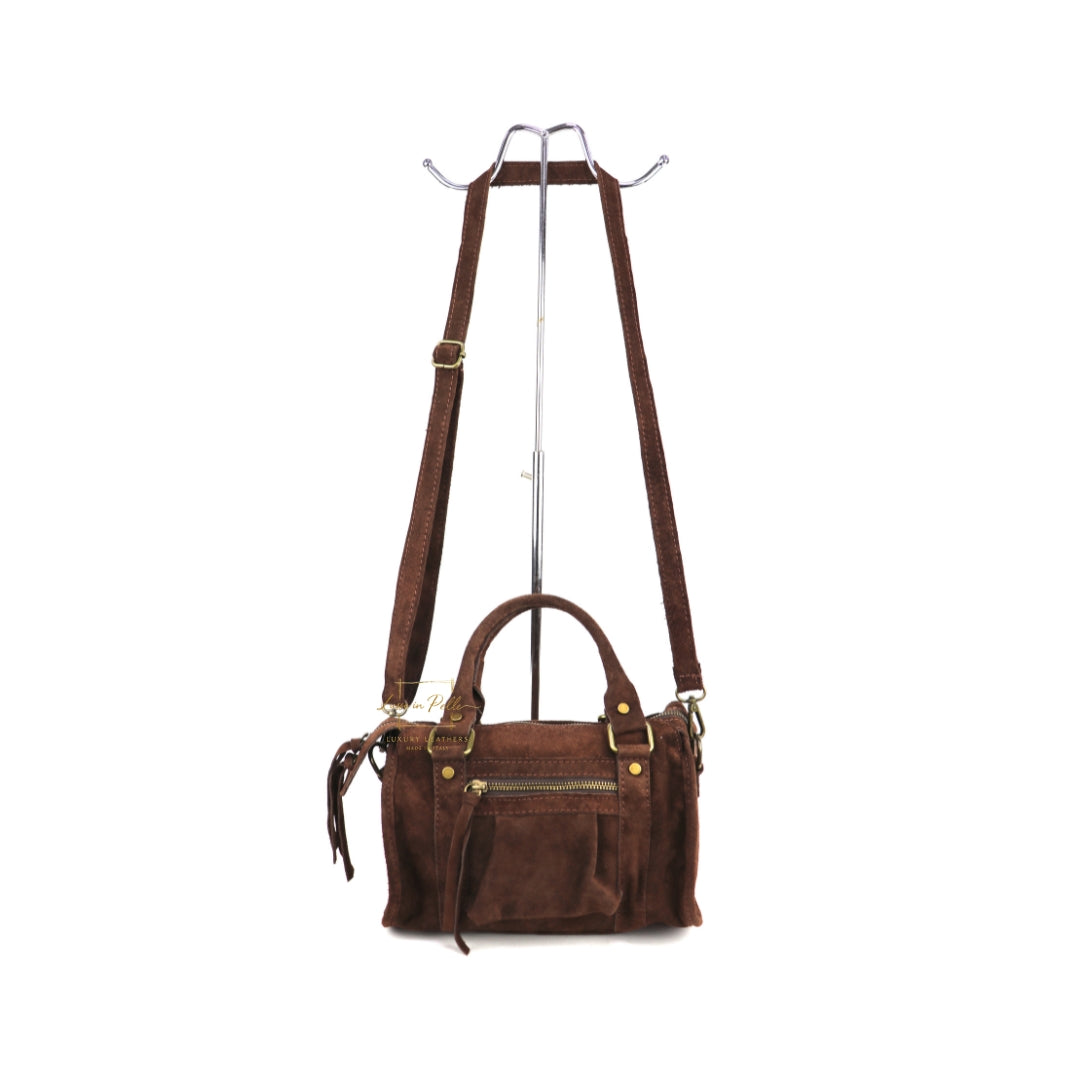 Small Suede Top Handle Crossbody Bag – Soft Genuine Leather Handbag with Detachable Strap