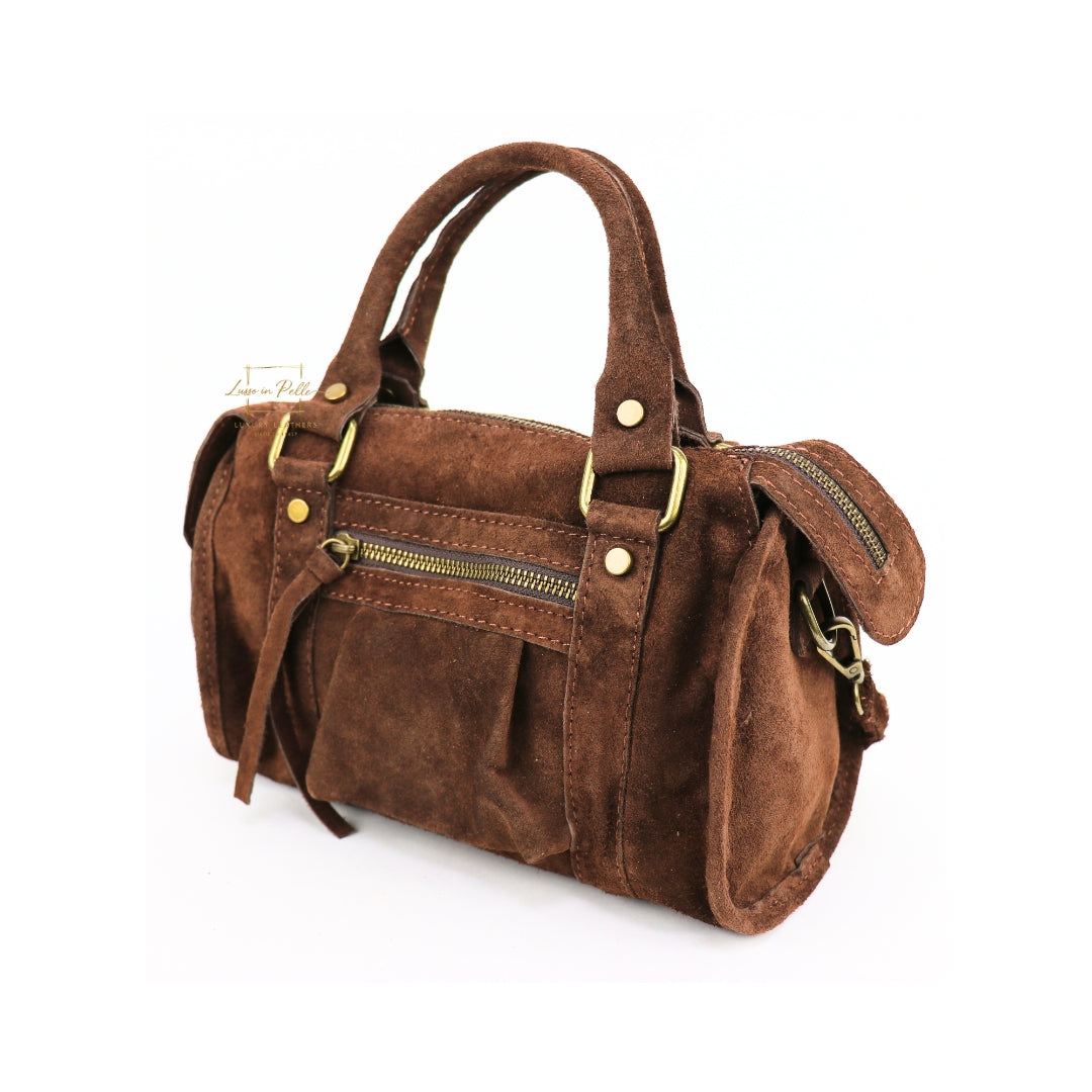 Small Suede Top Handle Crossbody Bag – Soft Genuine Leather Handbag with Detachable Strap