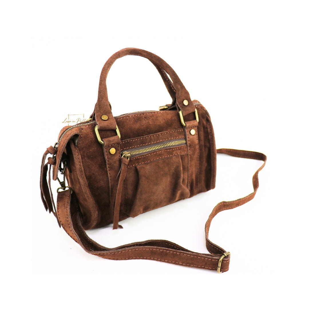 Small Suede Top Handle Crossbody Bag – Soft Genuine Leather Handbag with Detachable Strap