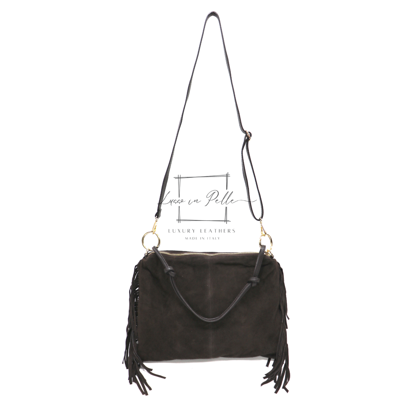 Medium Italian Suede Fringe Bag with Shoulder and Crossbody Straps: Handmade Genuine Cowhide Suede Flat Purse