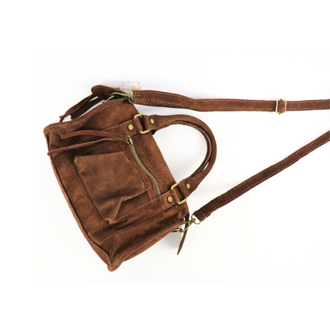Small Suede Top Handle Crossbody Bag – Soft Genuine Leather Handbag with Detachable Strap