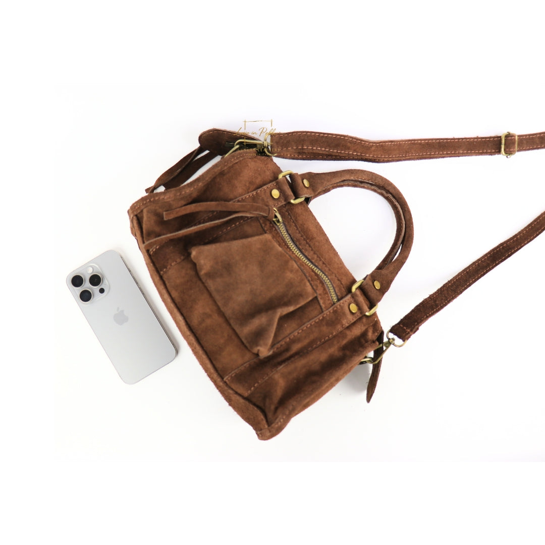 Small Suede Top Handle Crossbody Bag – Soft Genuine Leather Handbag with Detachable Strap
