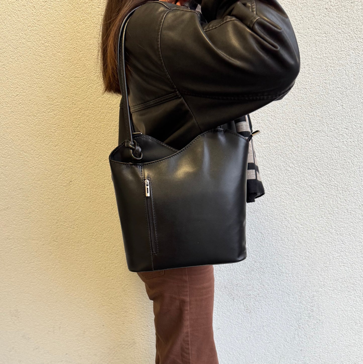 Versa Via - Smooth Italian Leather Convertible Shoulder Bag Backpack Black when worn as shoulder bag