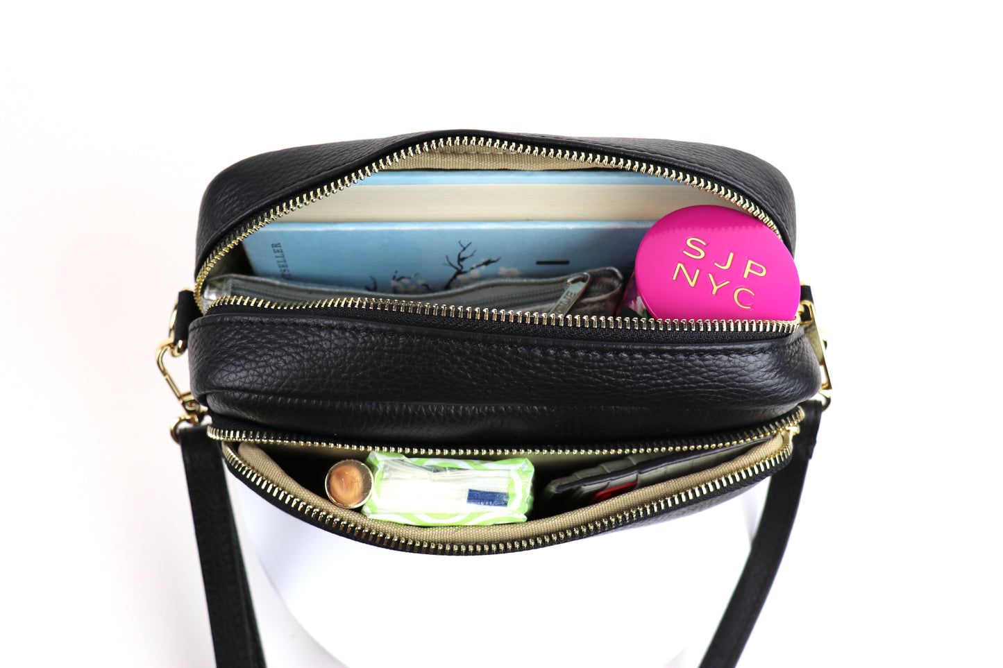 Double Zip Genuine Italian Leather Handbag - Lussoinpelle Black Crossbody bags