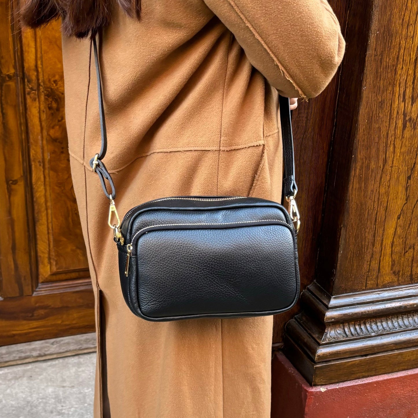 Double Zip Genuine Italian Leather Handbag - Lussoinpelle Black Crossbody bags