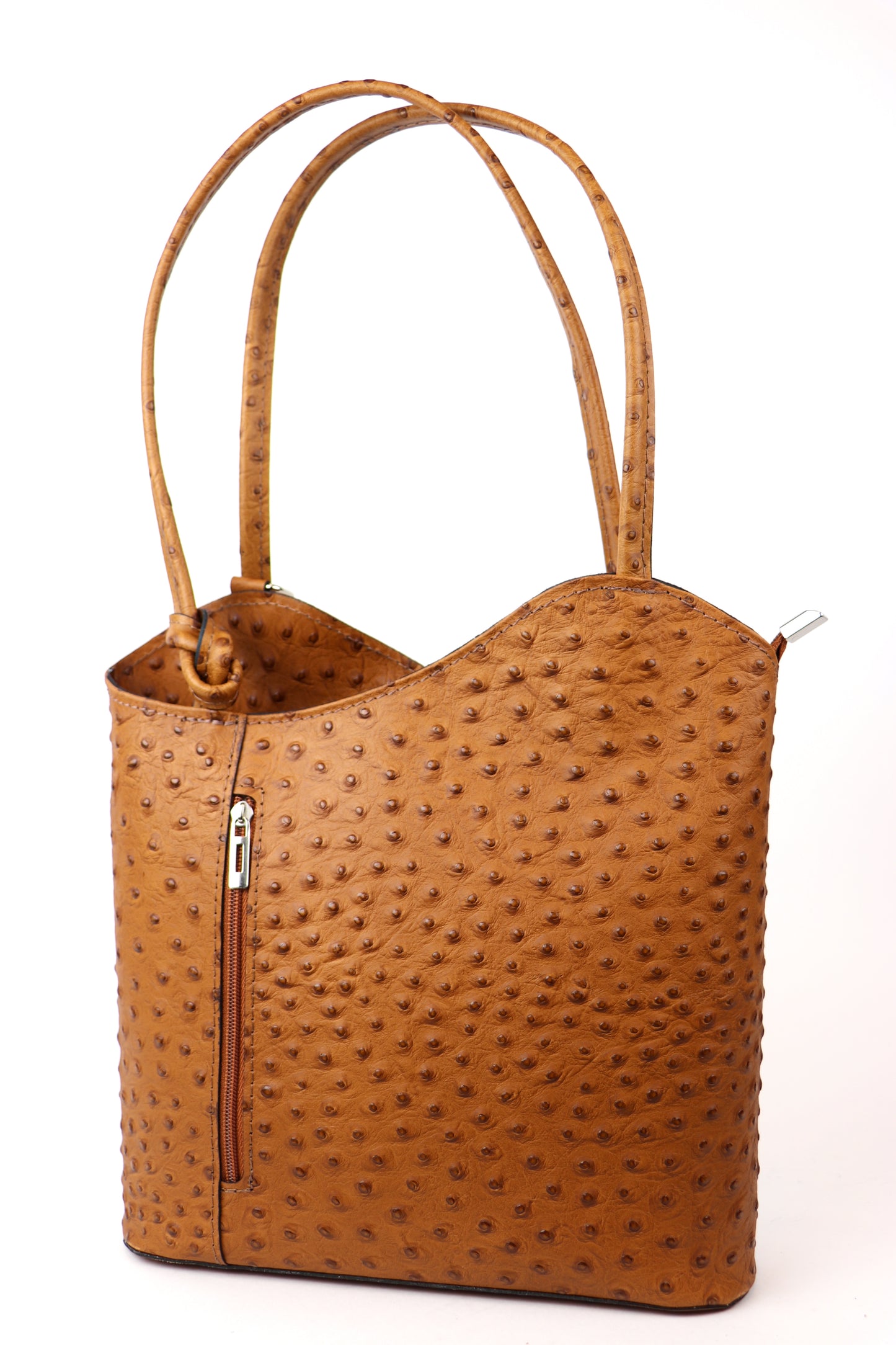 Tan Single-Tone Ostrich Style Italian Leather Convertible Handbag and Backpack, front view with a warm tan color and ostrich texture.