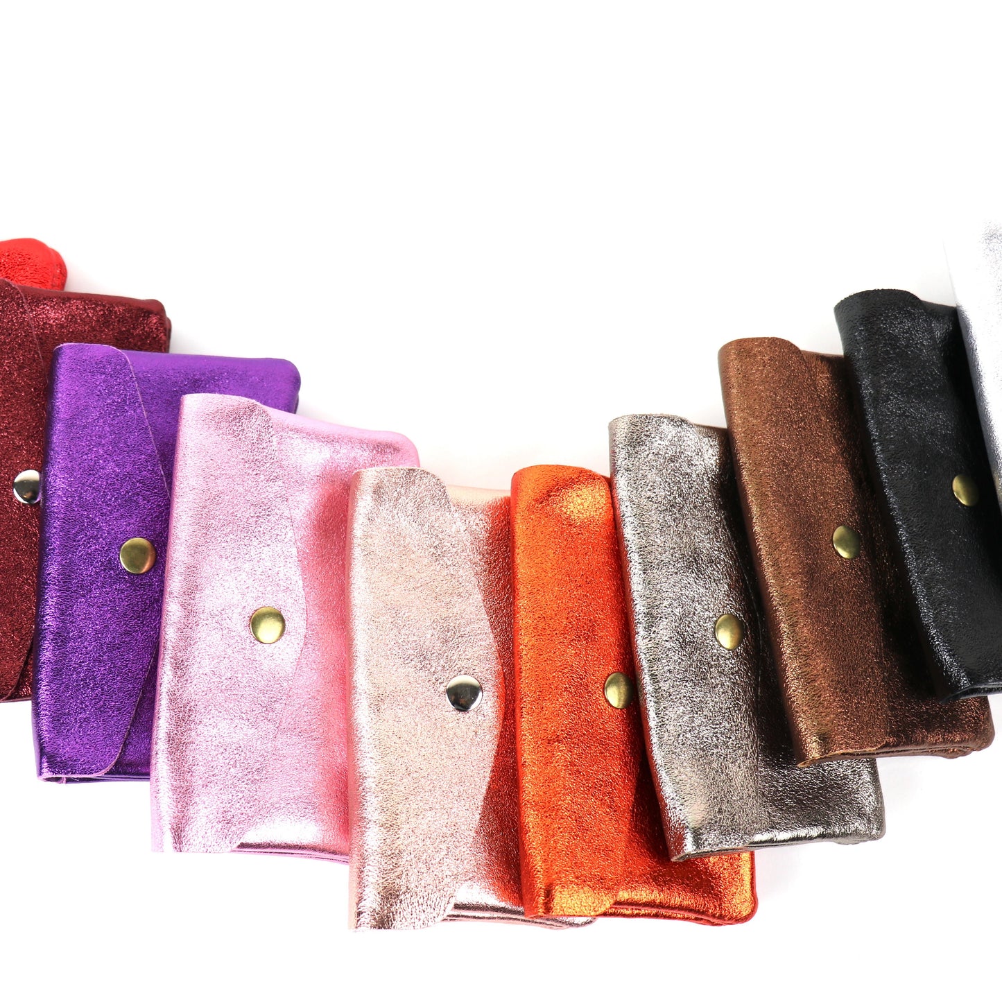 A collection of medium metallic pouches in various colors, including Red, Silver, Navy, Berry, and more.