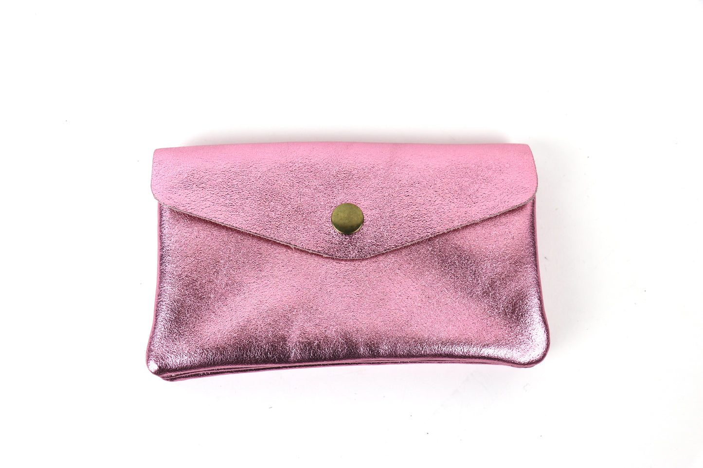 Front view of a light pink metallic pouch, showcasing its soft, shiny surface and button clasp.