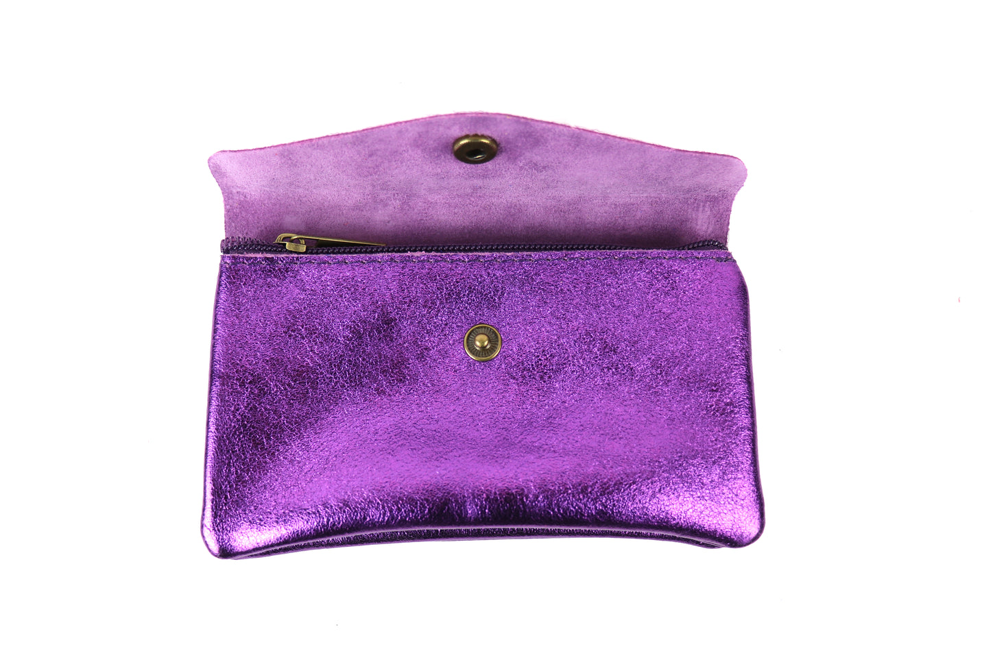 Opened view of a purple metallic pouch, showing the interior with a button clasp.