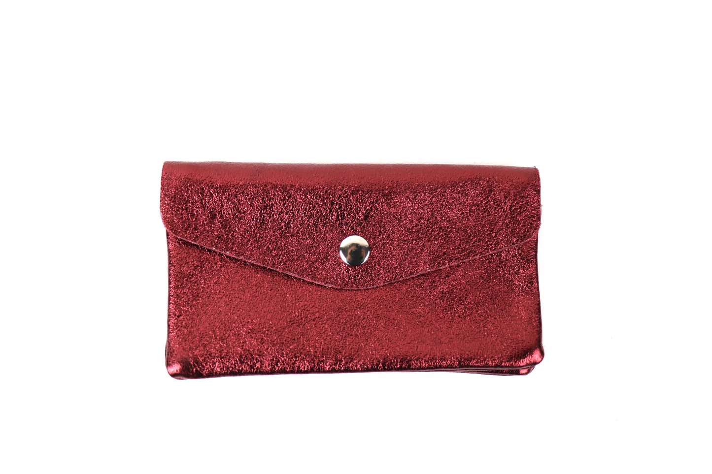 Front view of a red metallic pouch, featuring a shiny textured surface and a central button clasp.