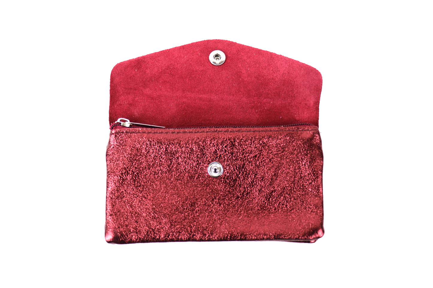Opened view of a red metallic pouch, showcasing the interior and button clasp.