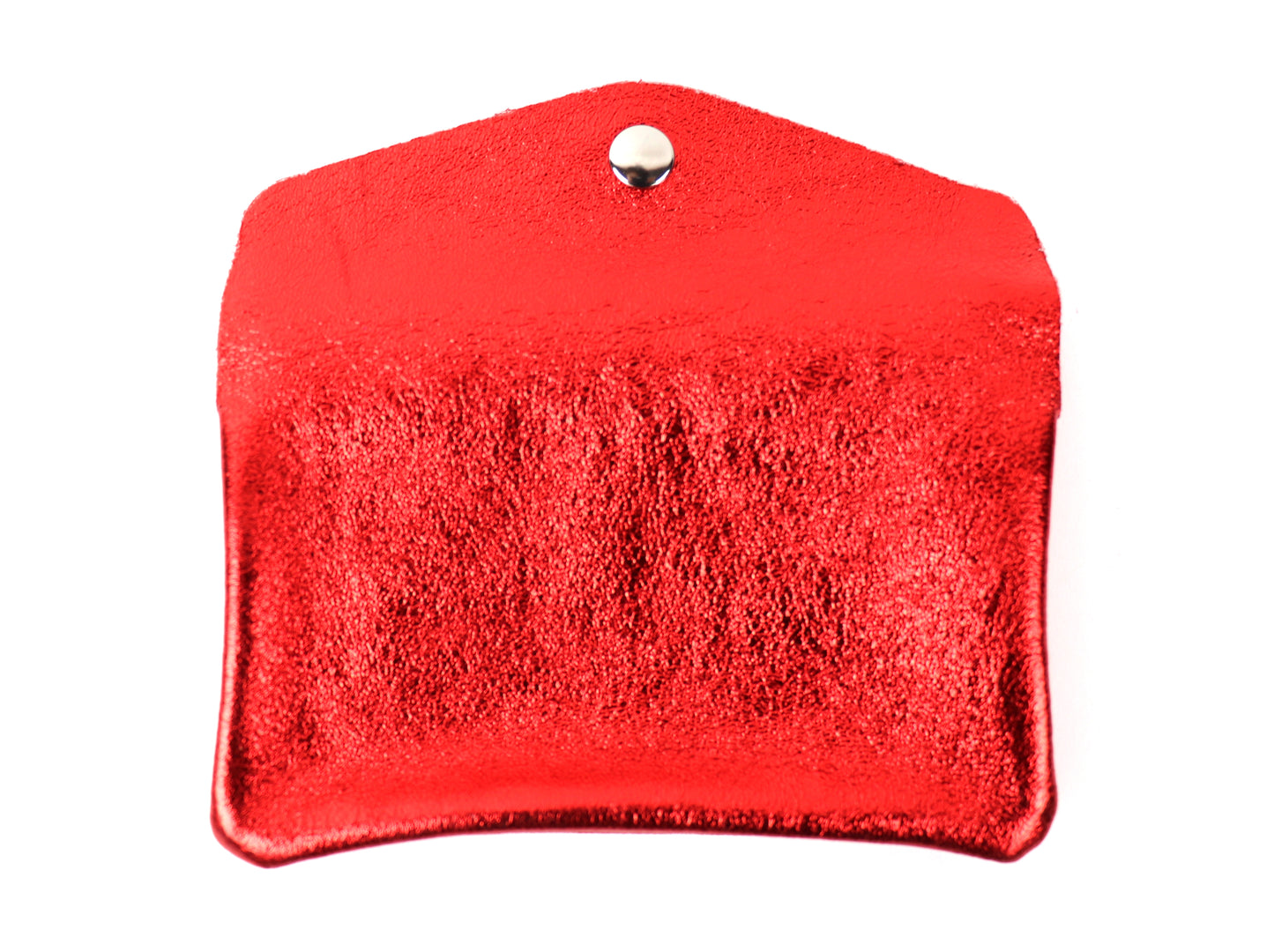 This image showcases a red metallic pouch with its flap open, revealing the interior space. The bold red color and the shiny, textured surface are highlighted, with a button clasp at the top for secure closure.