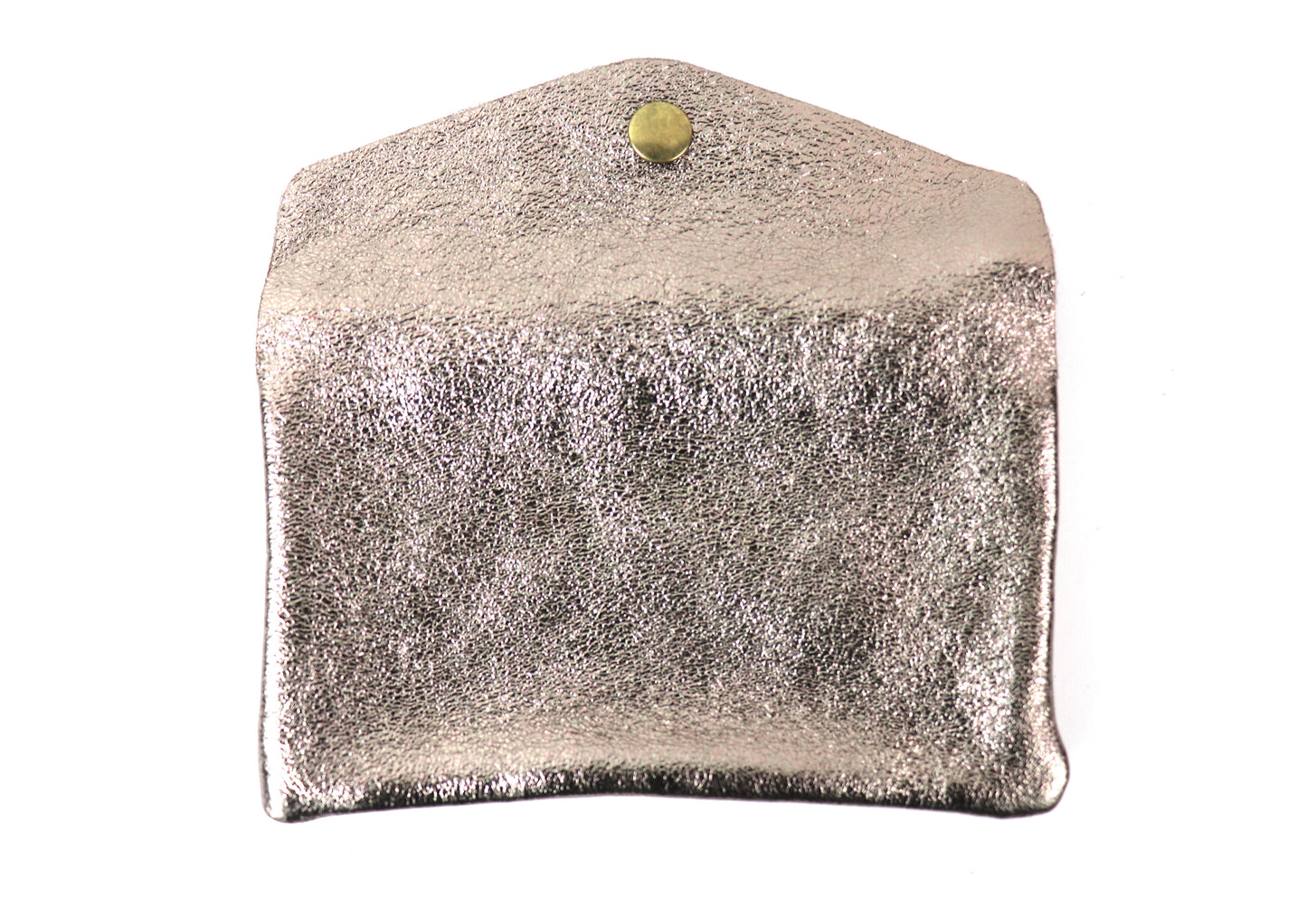 This image shows the back view of a bronze metallic pouch. The pouch features a rich, textured bronze surface, with clean lines and no visible hardware, highlighting the simplicity and elegance of the material.