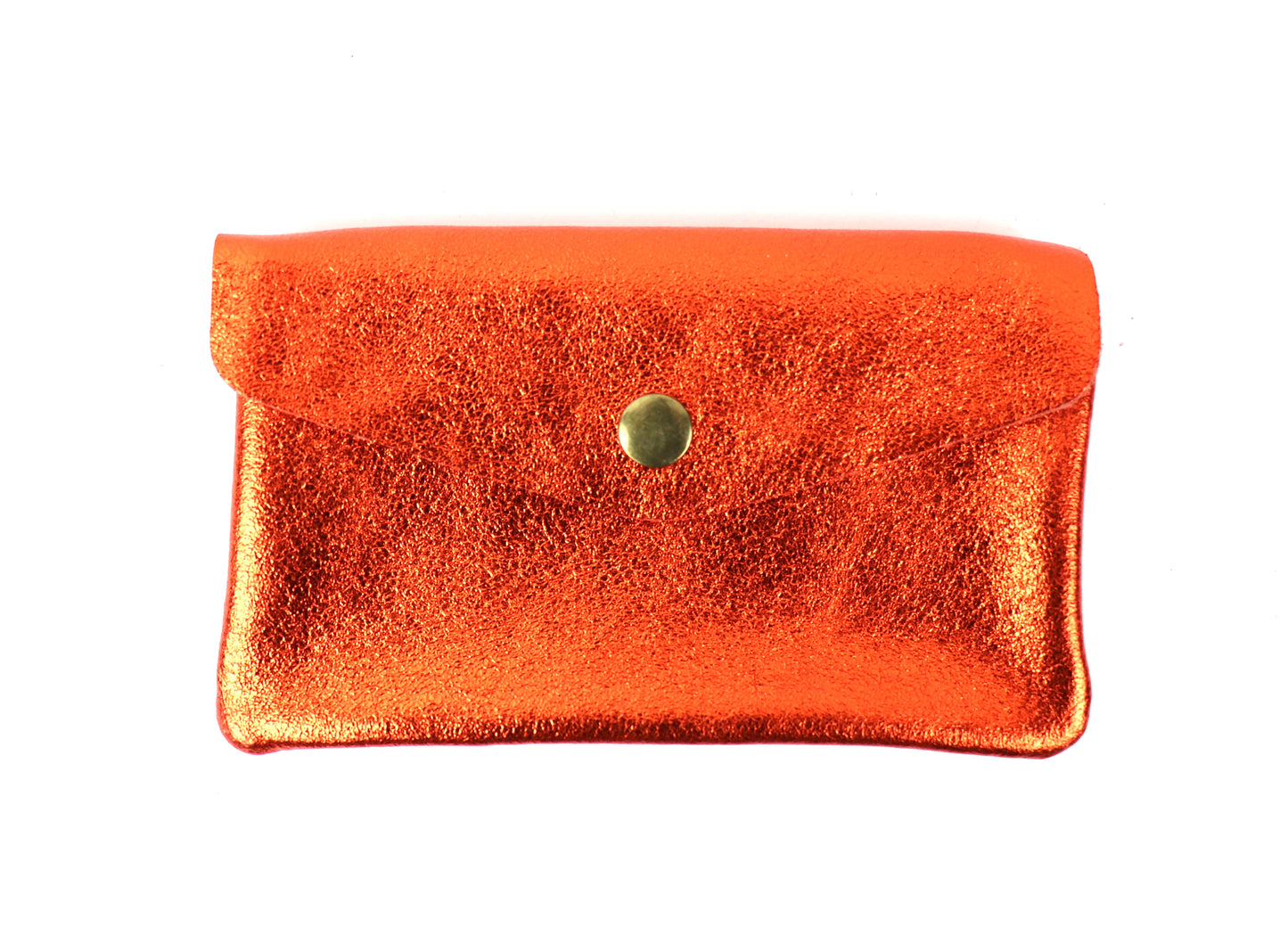 Front view of an orange metallic pouch, featuring a shiny textured surface and a central button clasp.