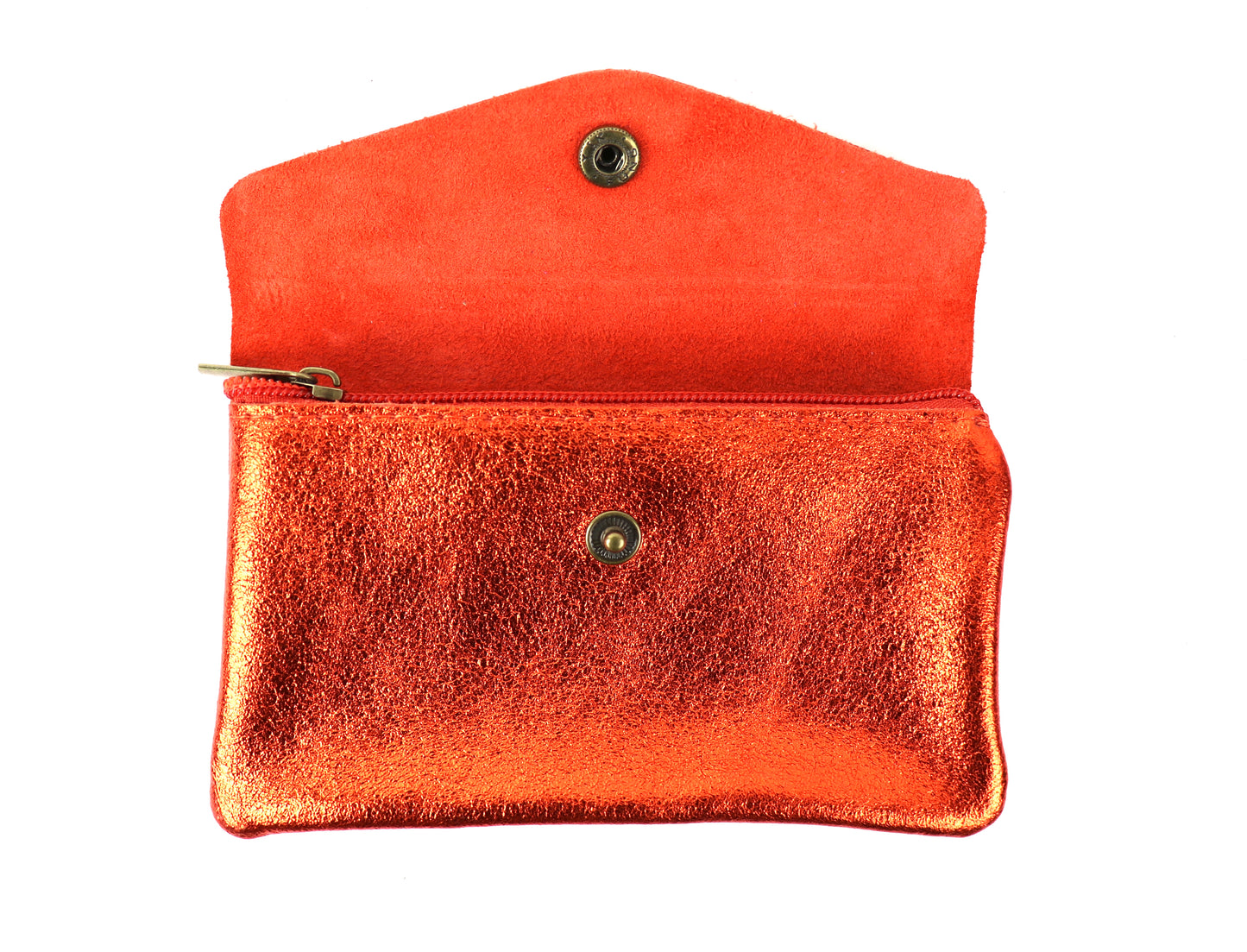 This image displays the orange metallic pouch with its flap open, revealing the inner compartment. The pouch's rich orange hue shines brightly, and the interior features a secure zippered section, offering a glimpse of the pouch’s storage capacity. The snap button clasp is also visible on the flap and the body of the pouch.