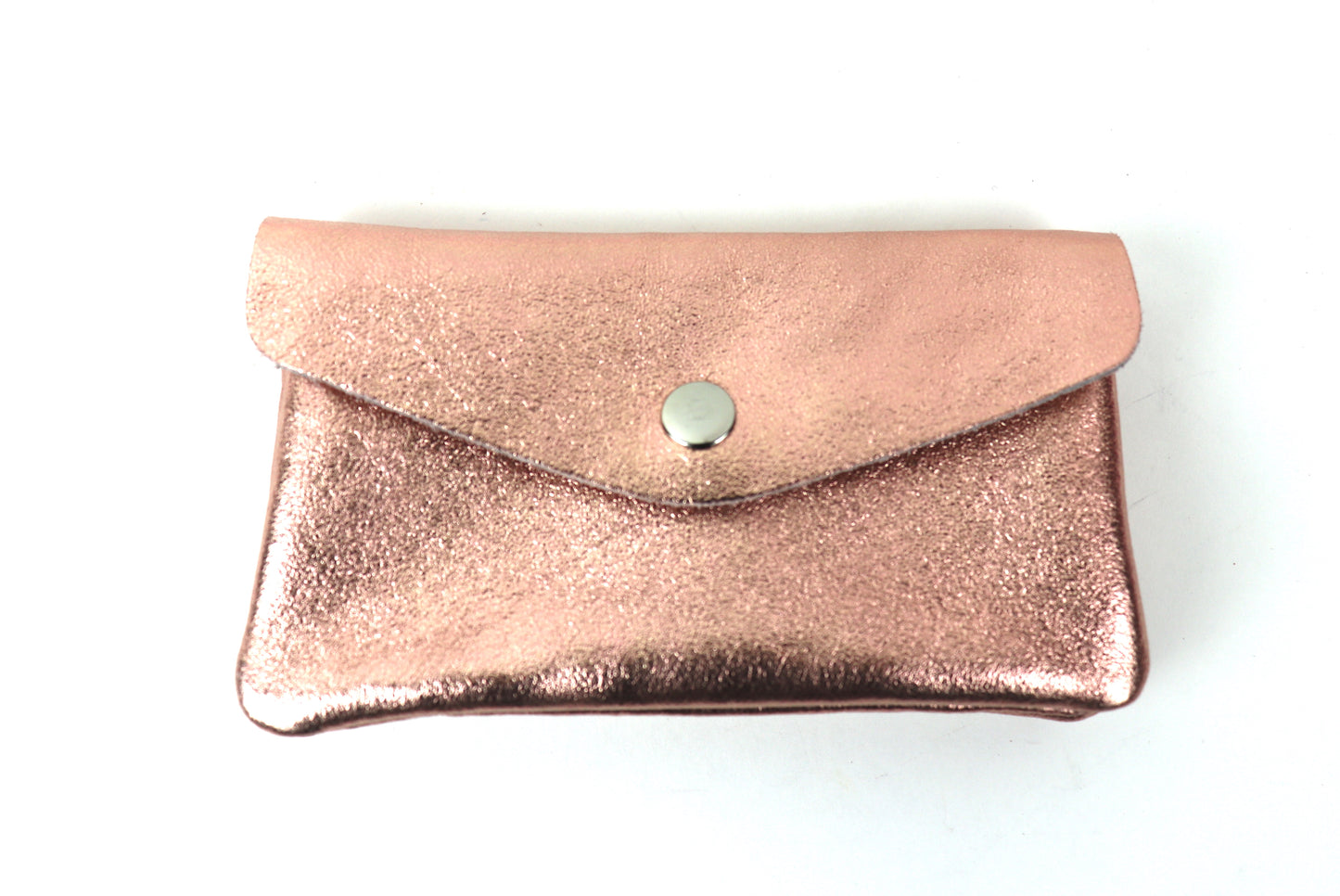 Front view of a rose gold metallic pouch, showcasing a shiny, textured surface and a central button clasp.