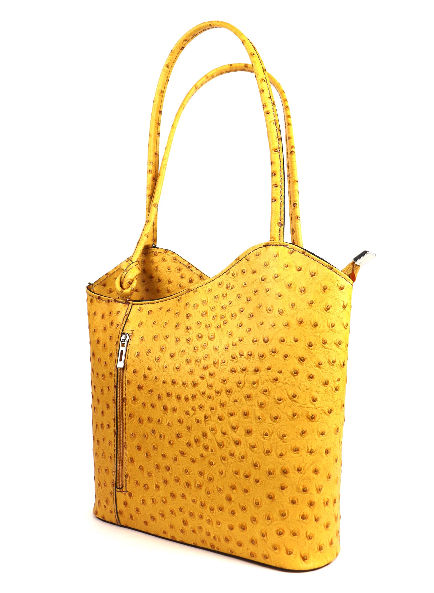 Single-Tone Ostrich Style Italian Leather Convertible Handbag and Backpack - Lussoinpelle Mustard Bakcpack