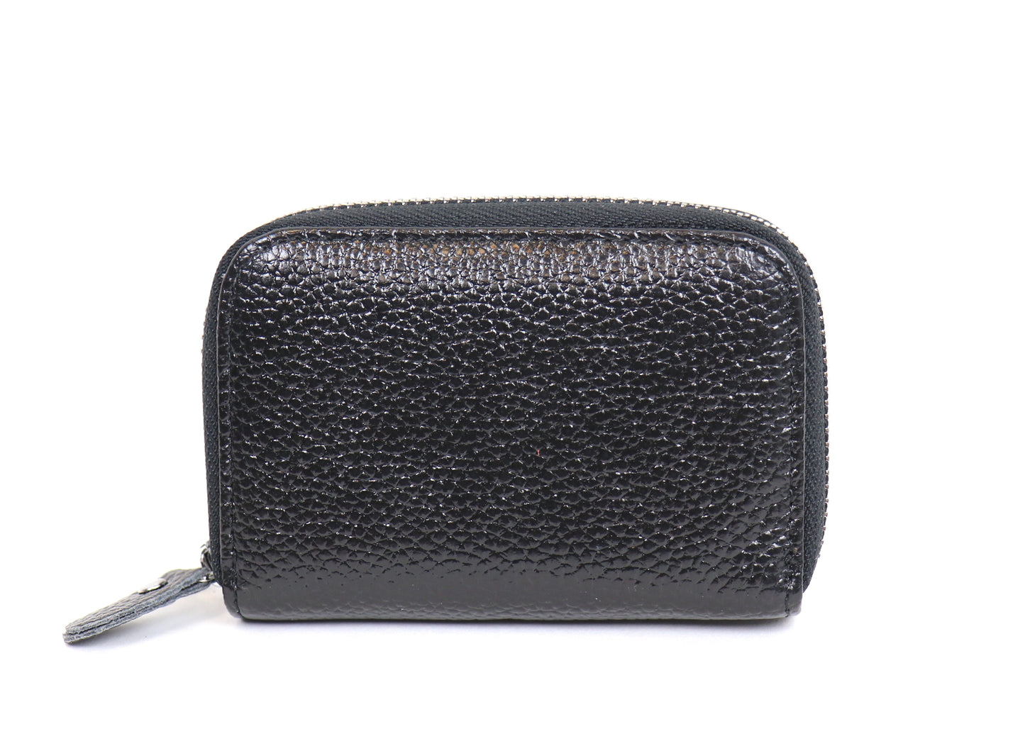 Back view of a small leather card holder wallet in black, showing the pebble-grain texture.