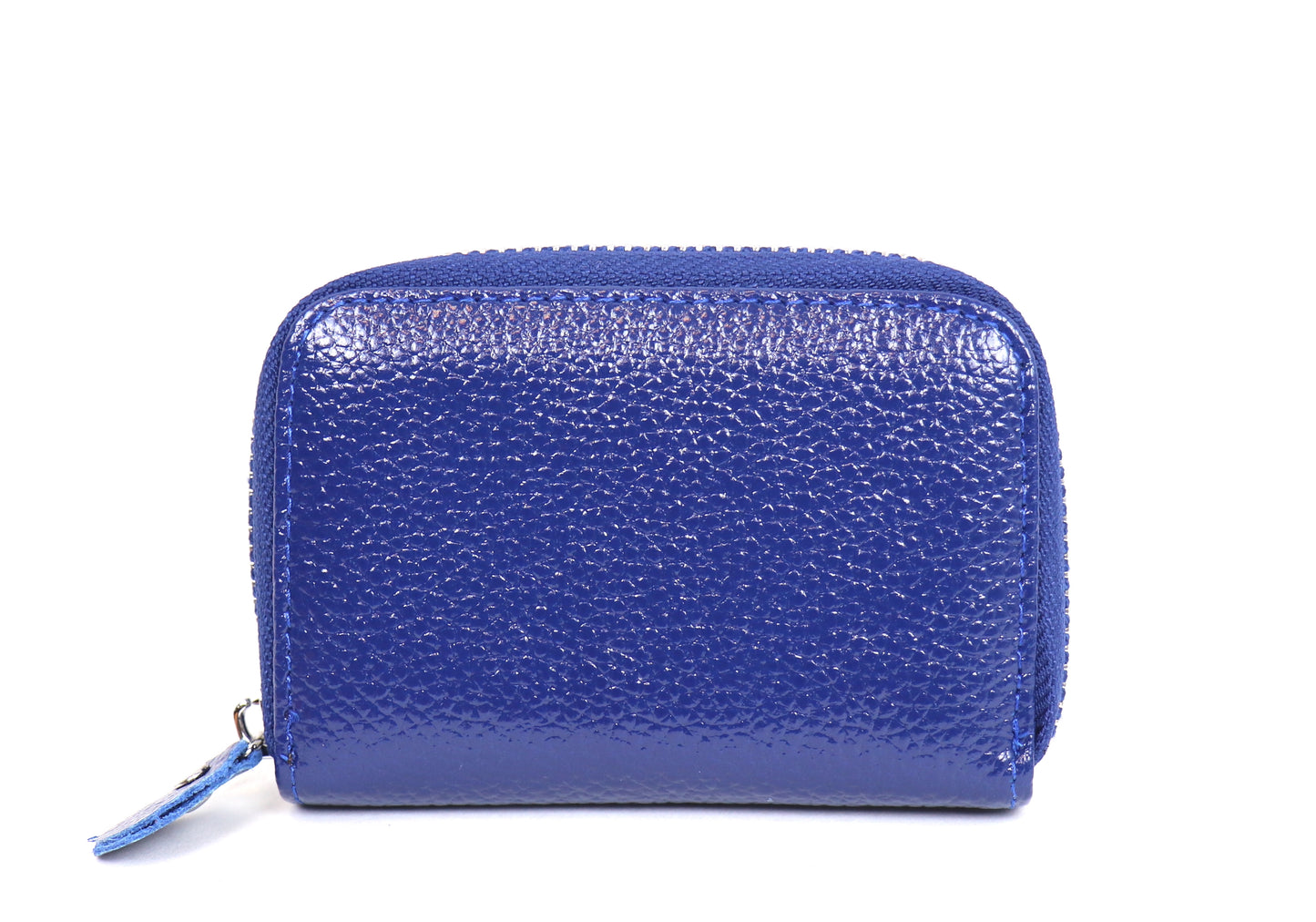 Back view of a small leather card holder wallet in royal blue, showing the pebble-grain texture.