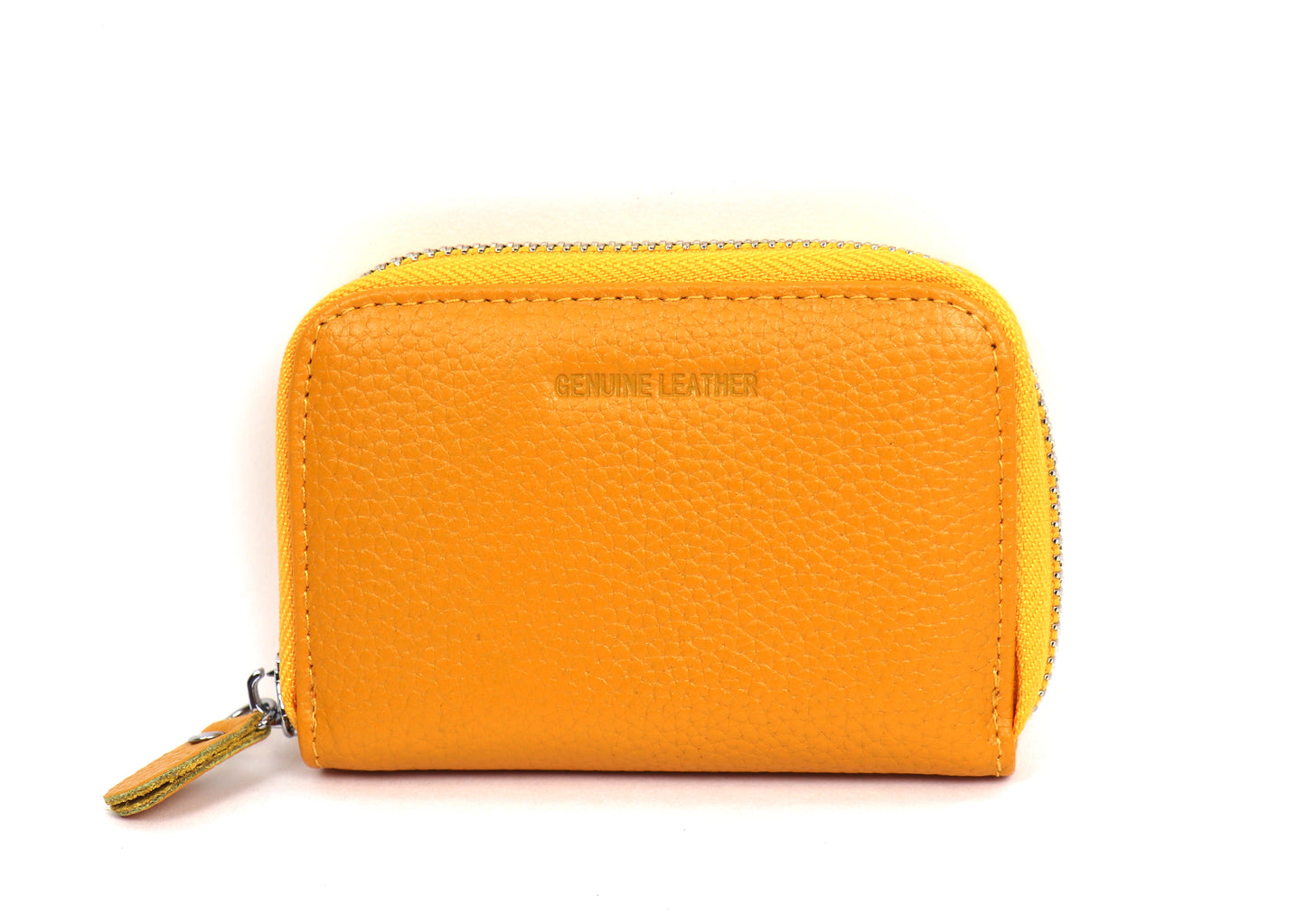 Front view of a small leather card holder wallet in yellow, showing the smooth leather surface and zipper pull.
