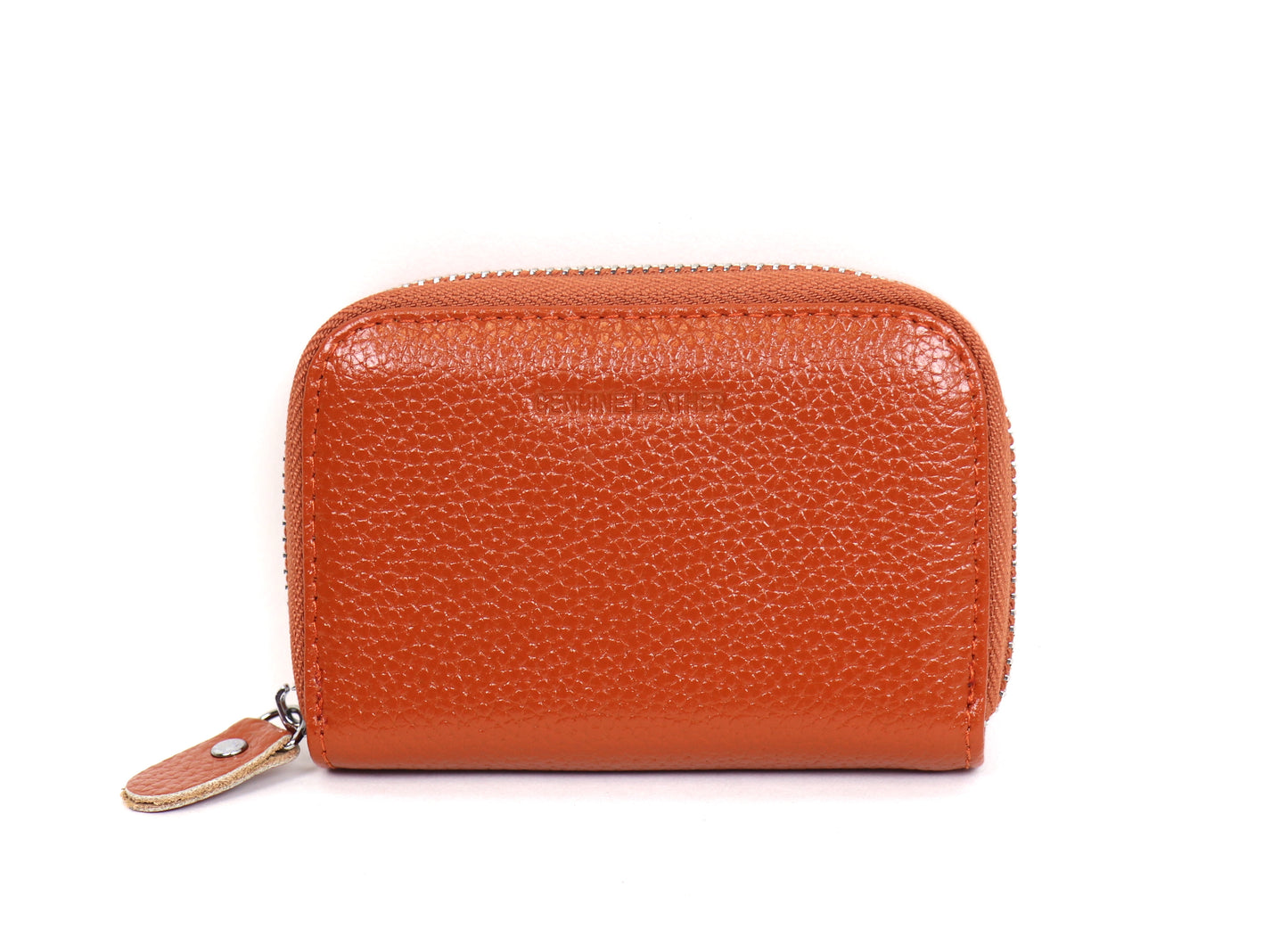 Front view of a small leather card holder wallet in dark tan, showing the zipper and smooth leather.
