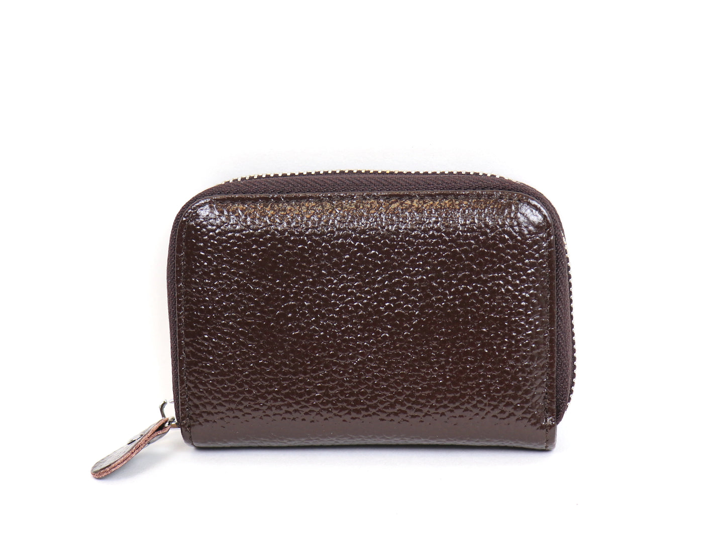 Back view of a small leather card holder wallet in coffee brown, showing the smooth leather surface.
