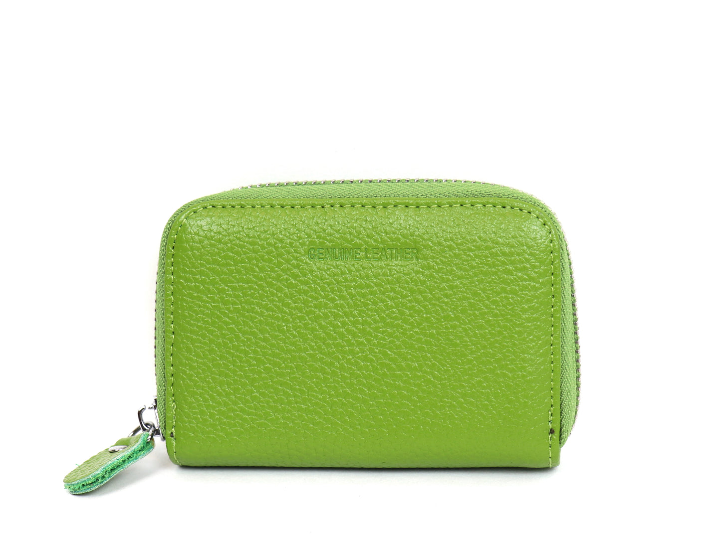 Front view of a small leather card holder wallet in light green, showing the smooth leather surface.