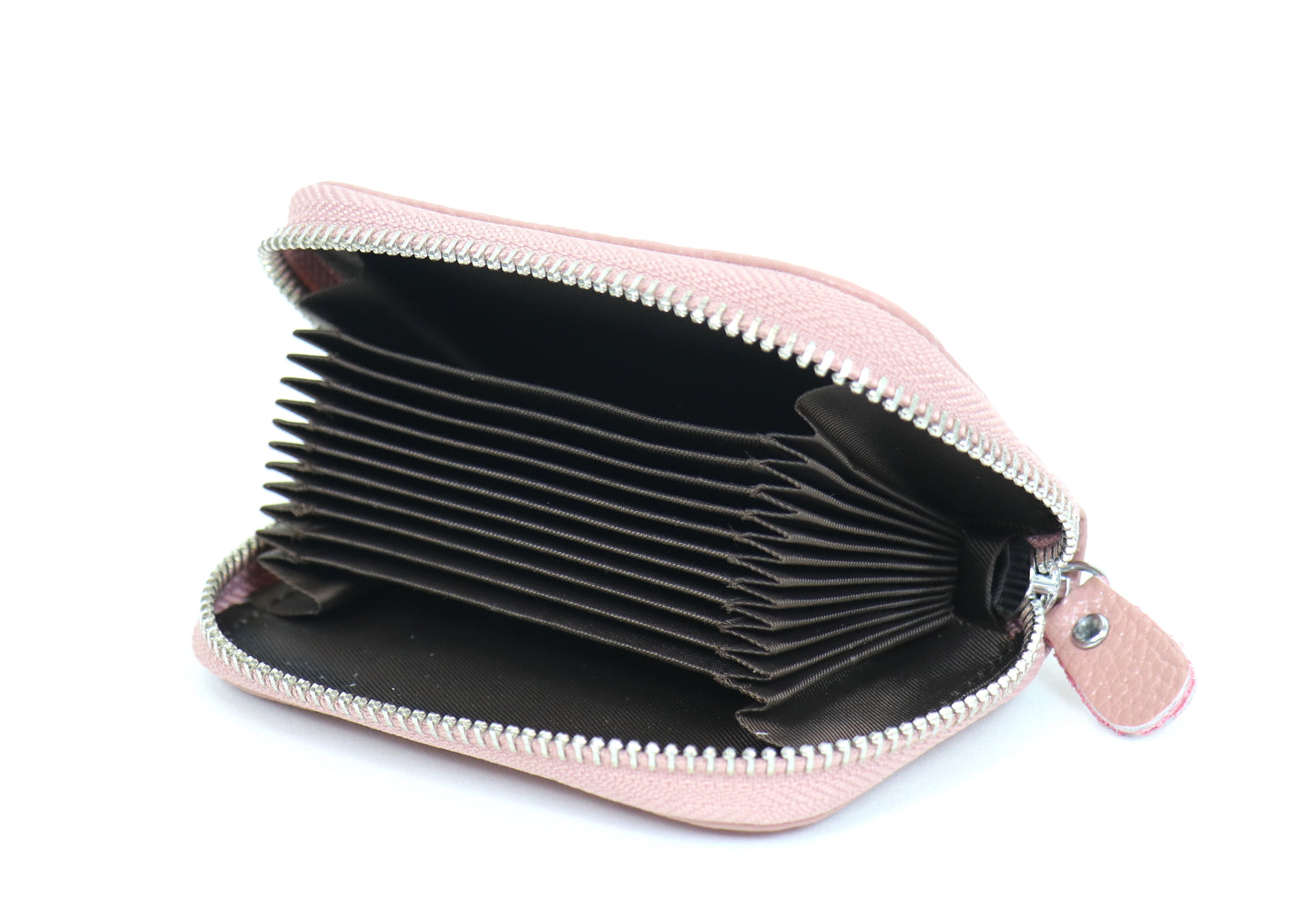 Opened dusty pink leather card holder wallet, revealing the interior card slots.