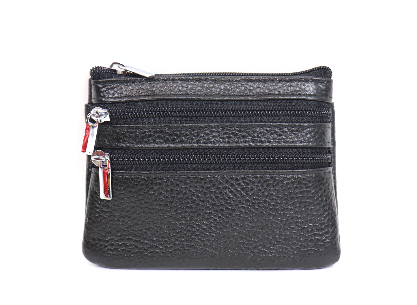 Leather Small Three Zip Card/Cash Pouch - Lussoinpelle Black