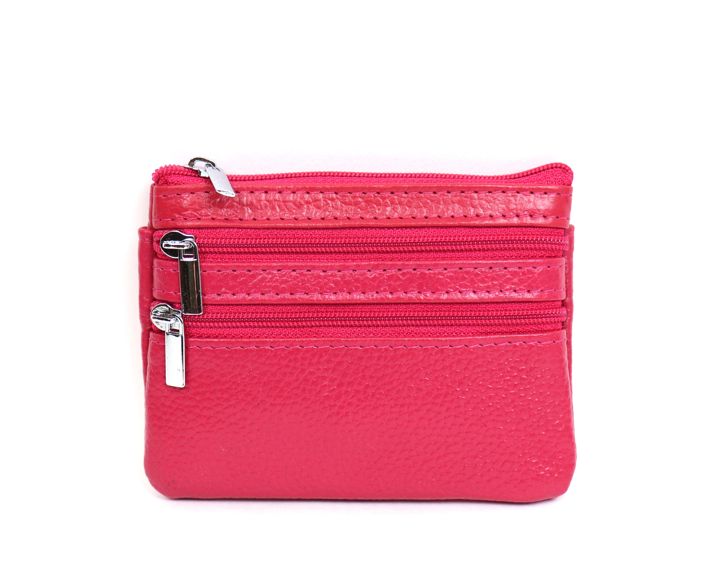 Leather Small Three Zip Card/Cash Pouch - Lussoinpelle Fuchsia Pink