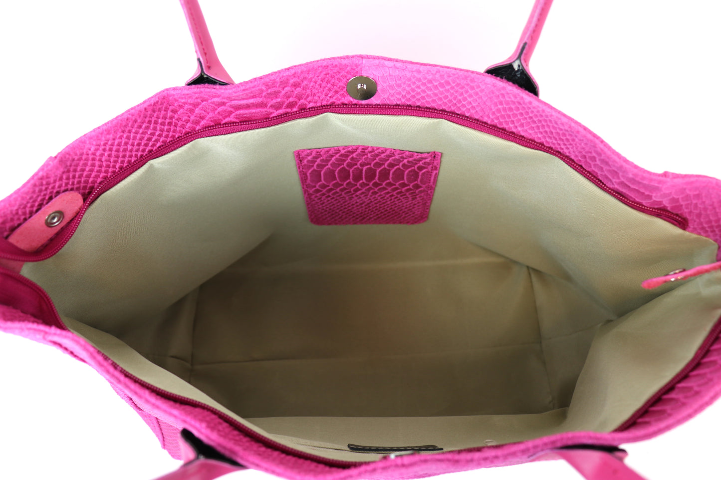 Fuchsia Pink Suede Two Style Large Shopper Bag - Interior View with Pockets