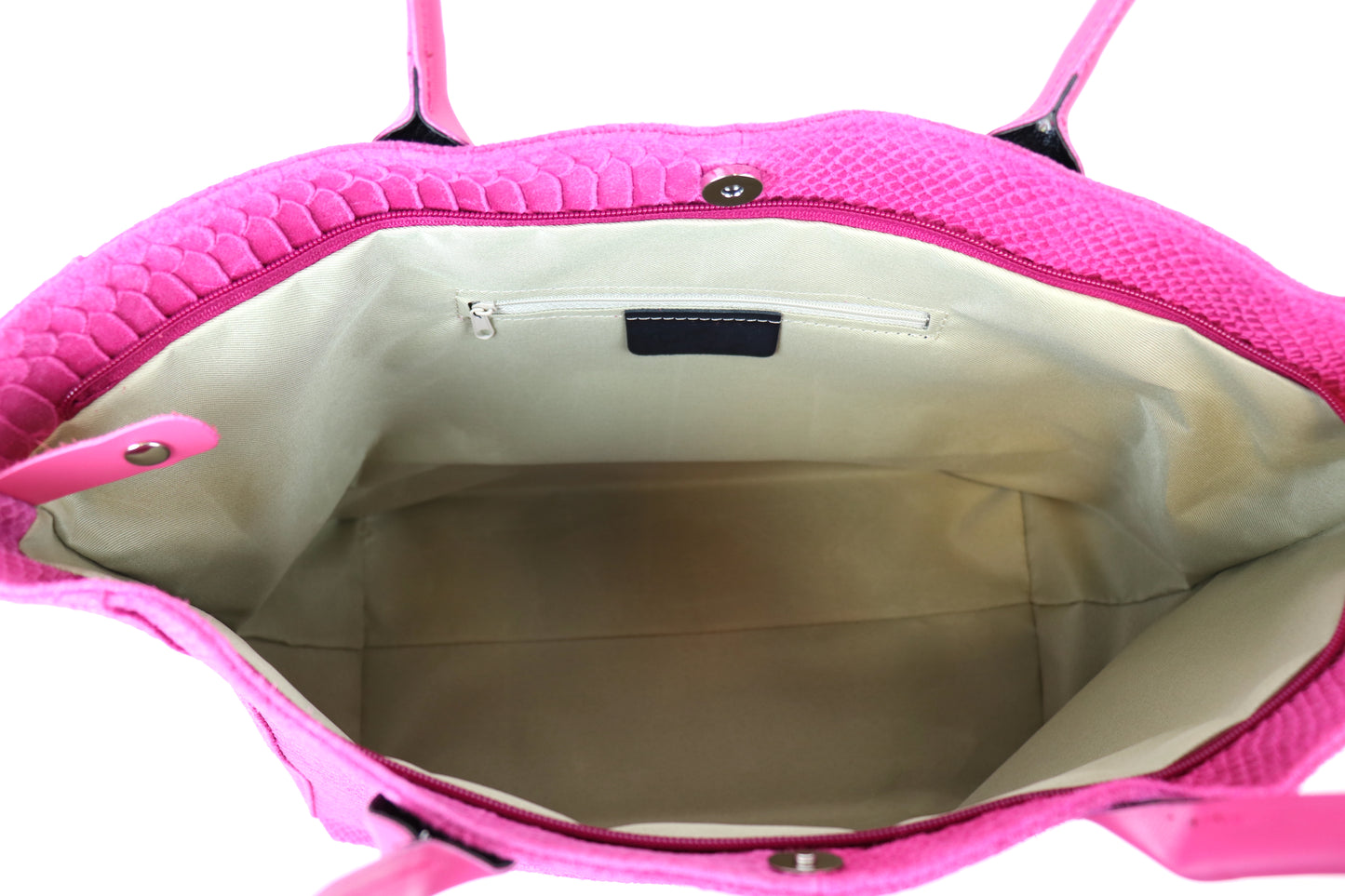 Fuchsia Pink Suede Two Style Large Shopper Bag - Interior View with Pockets