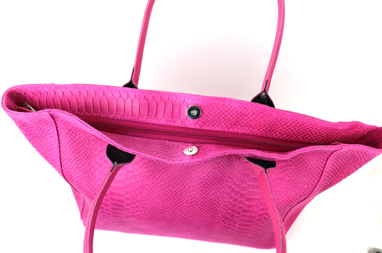 Fuchsia Pink Suede Two Style Large Shopper Bag - Open View with Silver Zipper