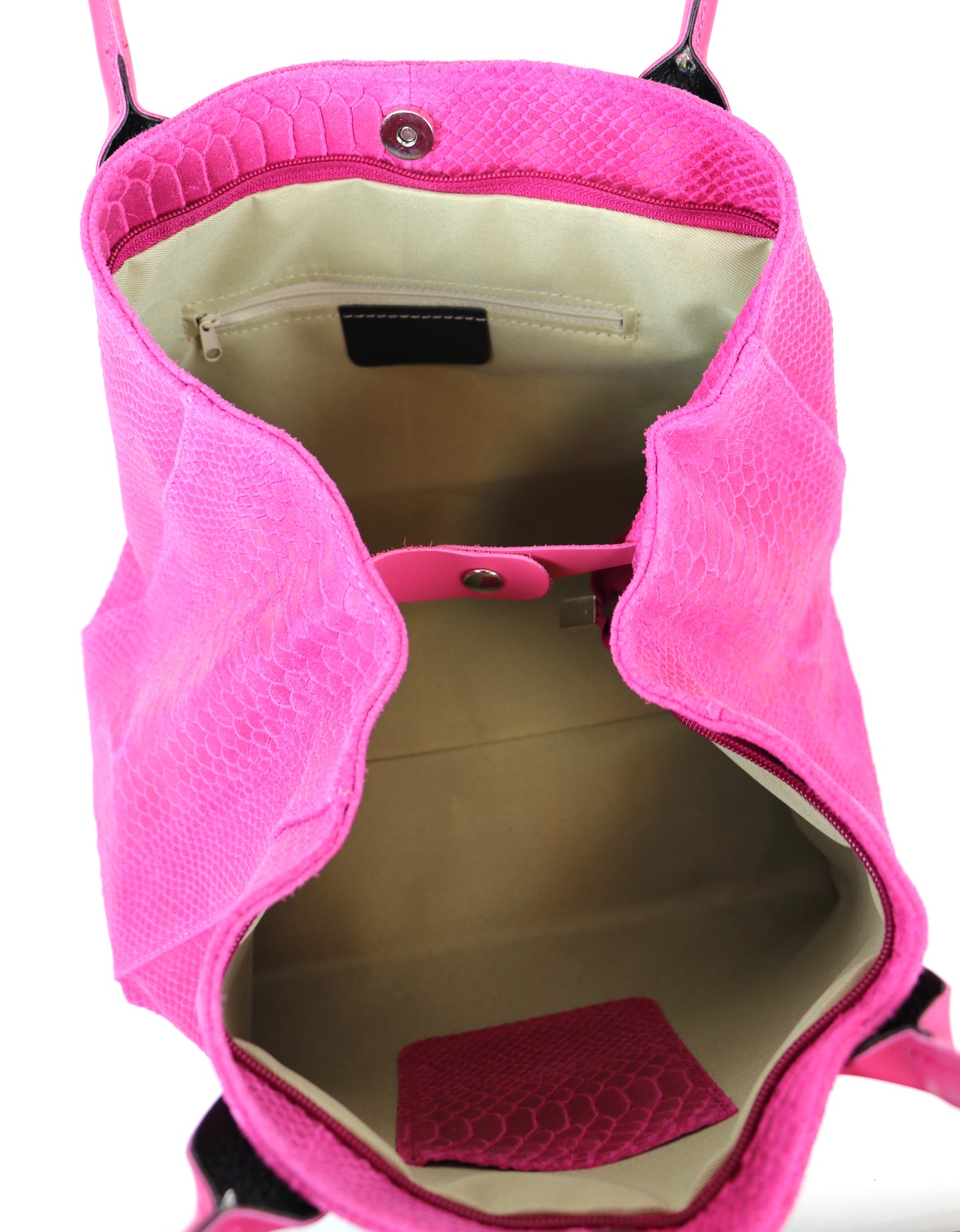 Fuchsia Pink Suede Two Style Large Shopper Bag - Interior View with Pockets