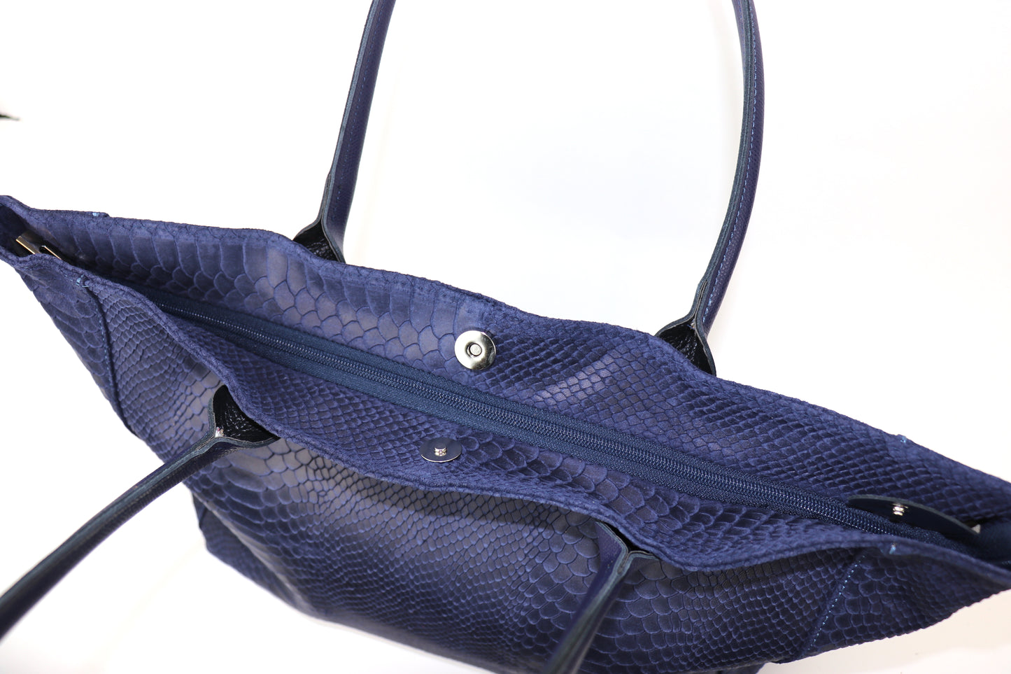 Navy Suede Two Style Large Shopper Bag - Open View with Silver Zipper