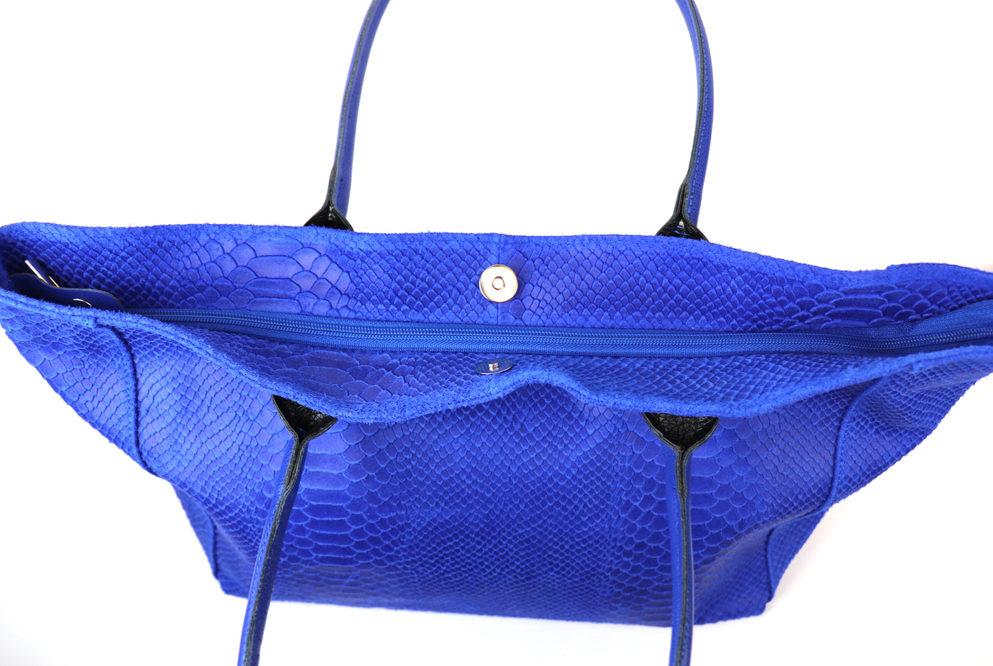 Royal Blue Suede Two Style Large Shopper Bag - Open View with Zipper