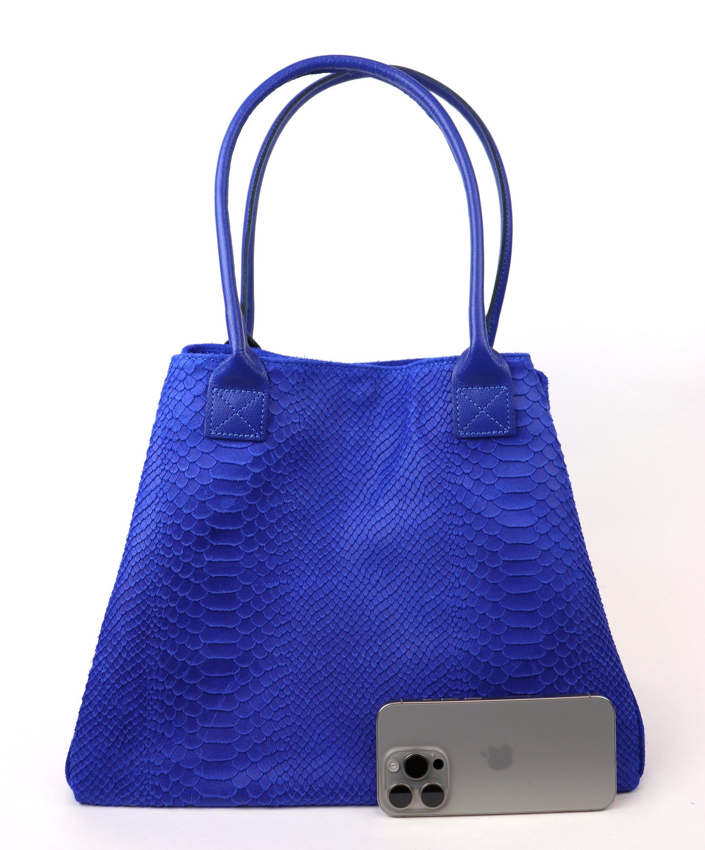 Royal Blue Suede Two Style Large Shopper Bag with Phone for Scale - Front View