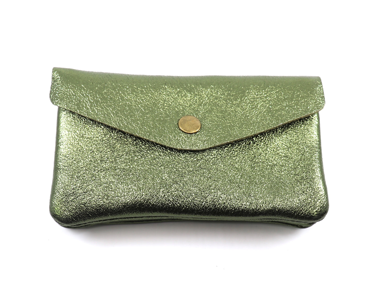 A front view of a green metallic coin/card/money pouch with a button clasp, showcasing its textured surface.