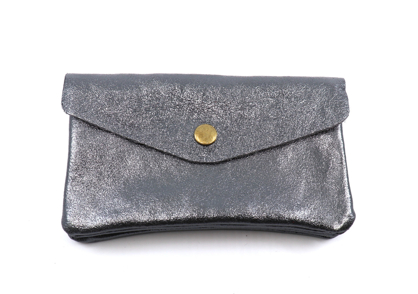 A front view of an iron grey metallic coin/card/money pouch with a button clasp, displaying its reflective and textured material.