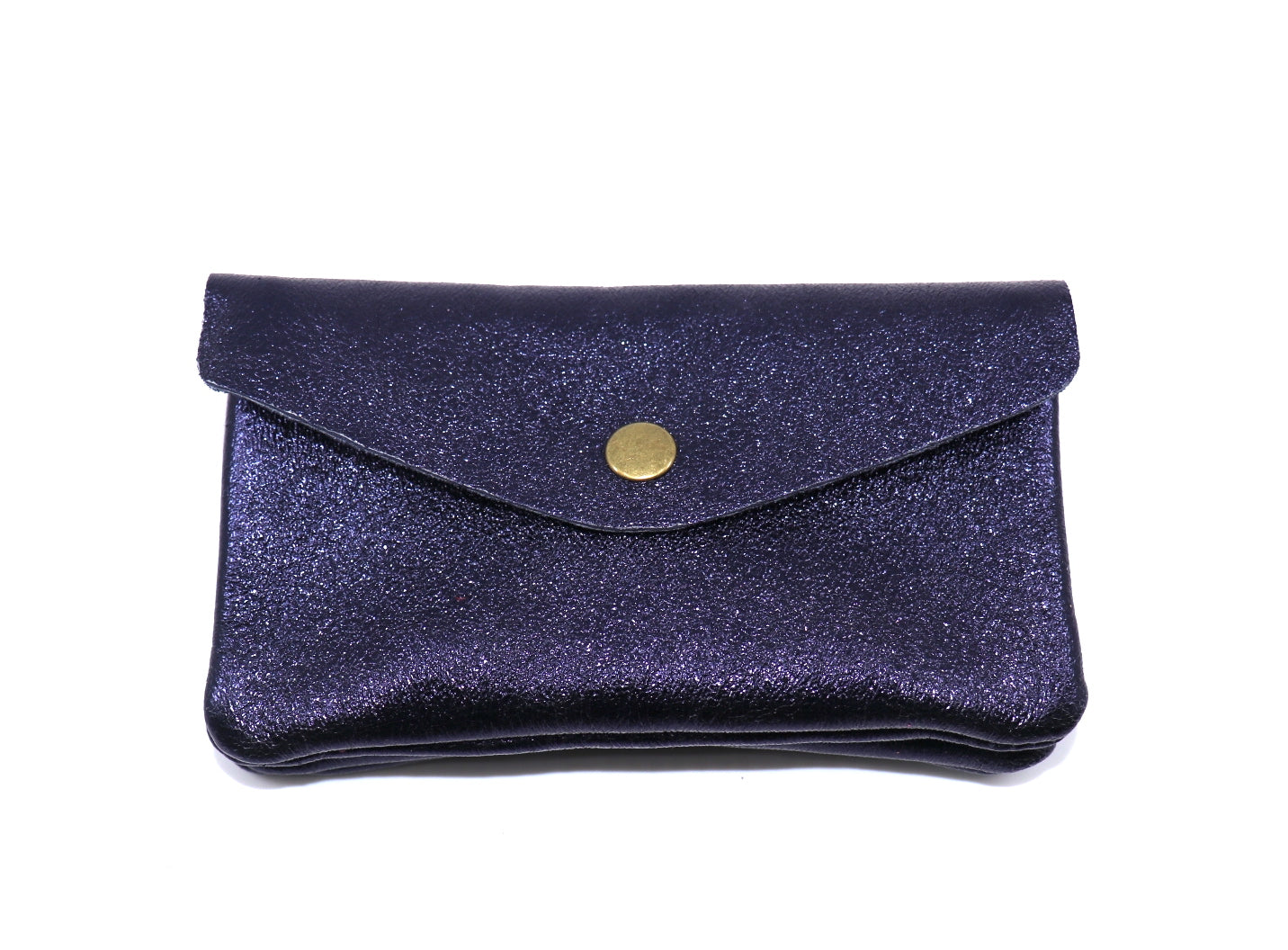 Front view of a navy metallic pouch, featuring a shiny, textured surface and a central button clasp.